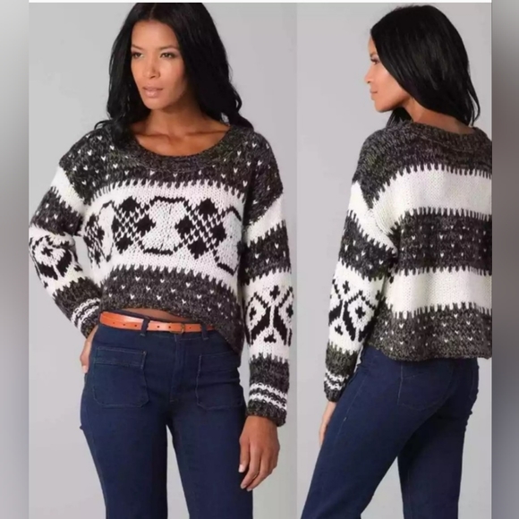 Free People Sweaters - Free People~Fair Isle Nordic Black and White Oversized Cropped Sweater